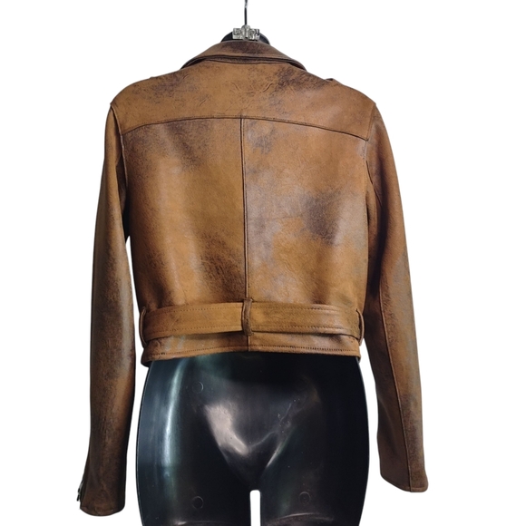 Bershka Women's Size Medium Brown Faux Suede /Leather Cropped Jacket ZIP Up Belt - Picture 2 of 8